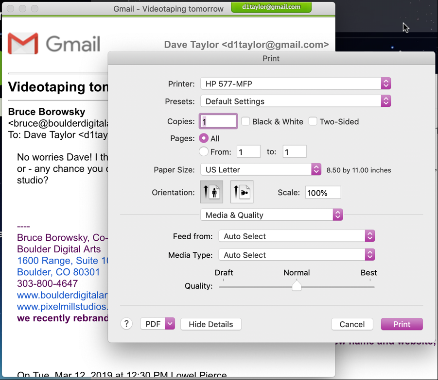 gmail print message - dialog box - mac
