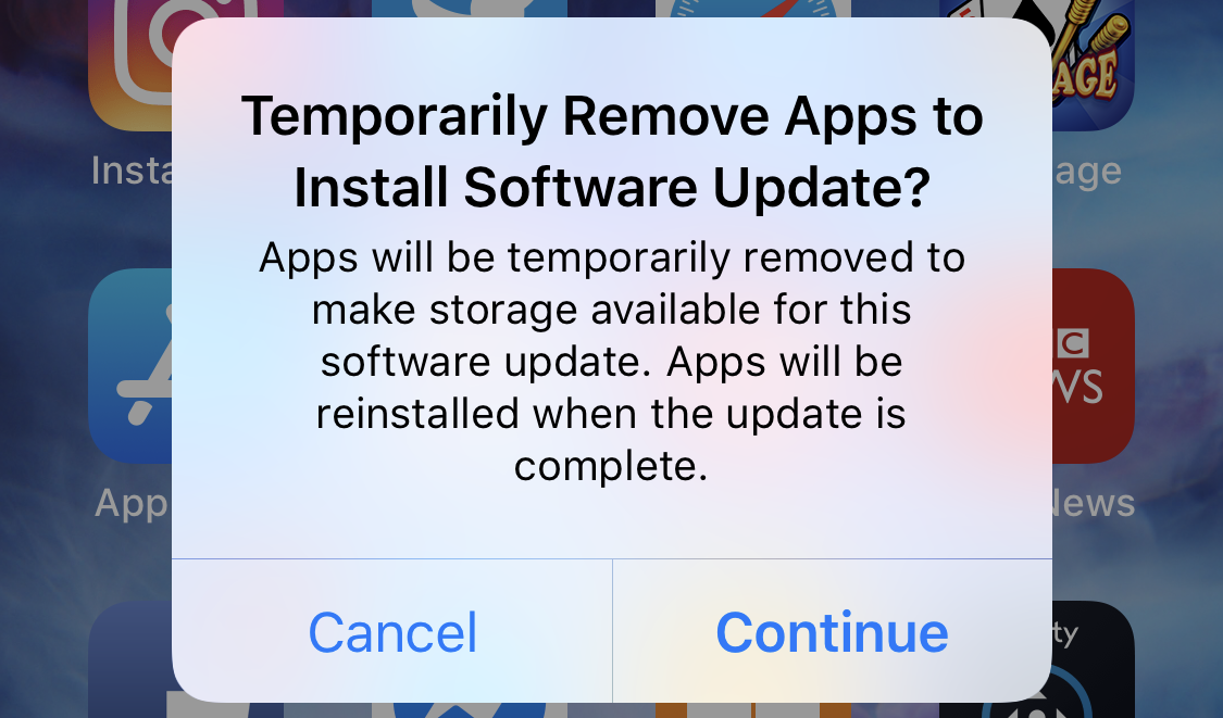 temporarily remove apps for ios system update
