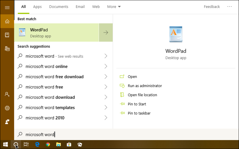 search for microsoft word matches wordpad win10