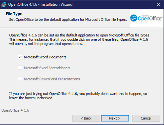 associate openoffice writer with microsoft word documents files windows win10