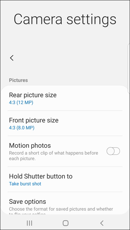 android camera app - settings