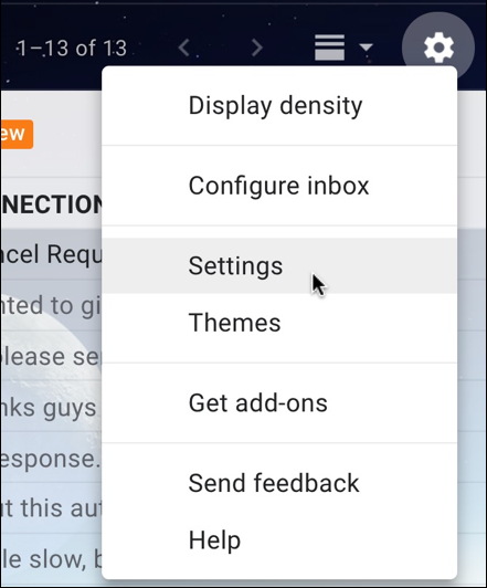 gmail settings menu