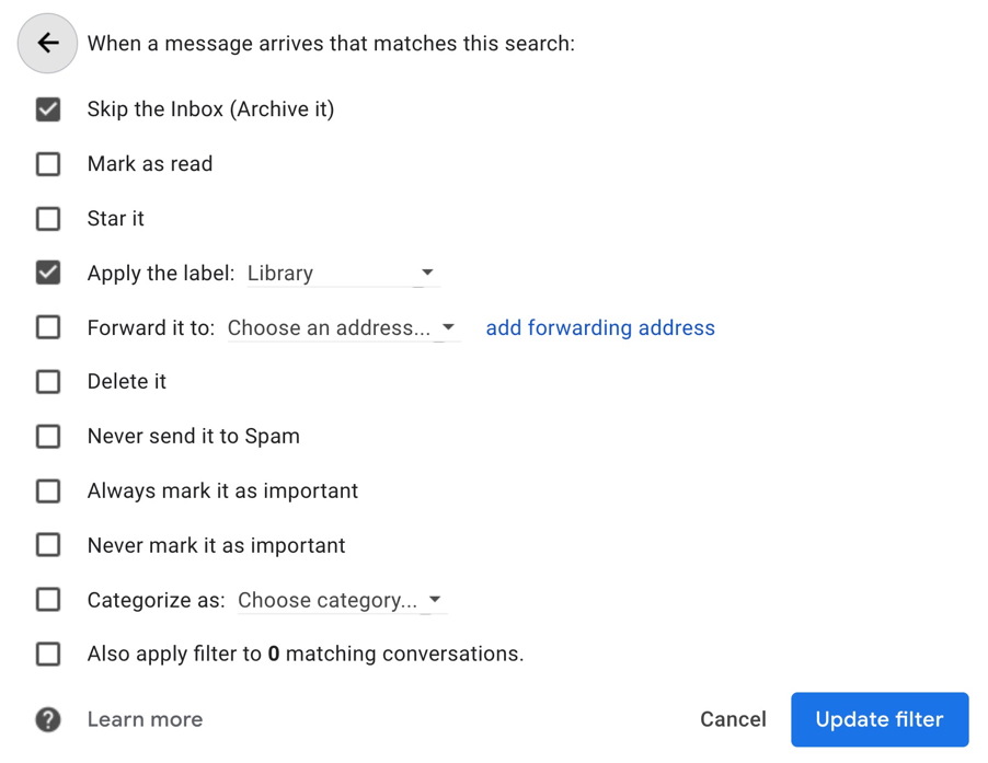 gmail filter - matched message behavior rules