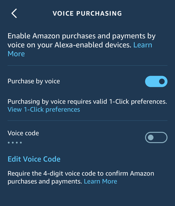 amazon echo alexa app - iphone - voice purchasing enabled settings pin