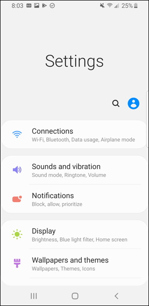 android 8 settings main screen
