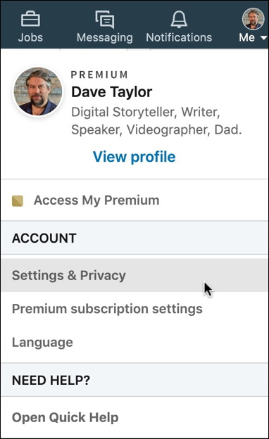 linkedin account & settings menu