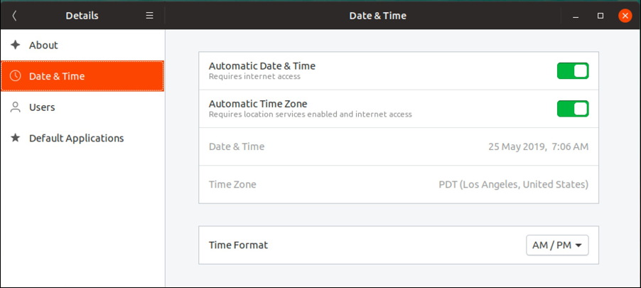 ubuntu linux date & time settings preferences