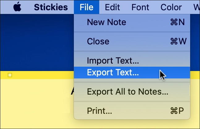 mac stickies - file menu