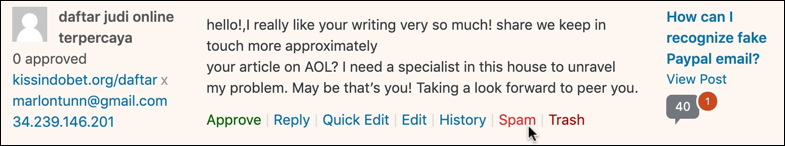 wordpress comment shortcut links spam trash approve