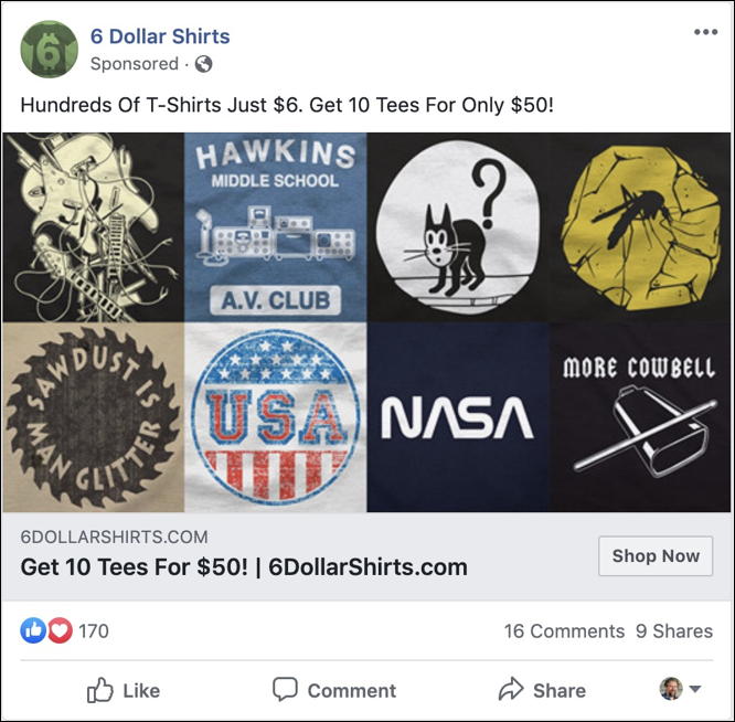 typical facebook advert - t-shirts