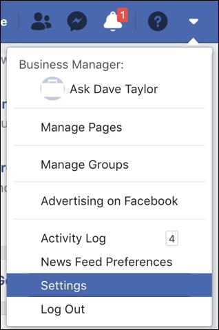 facebook main menu - settings