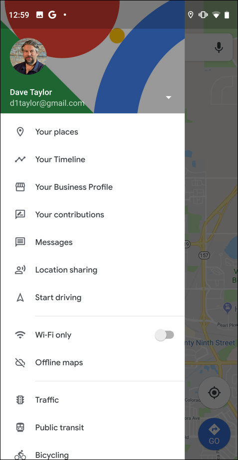 google maps - main menu - android mobile