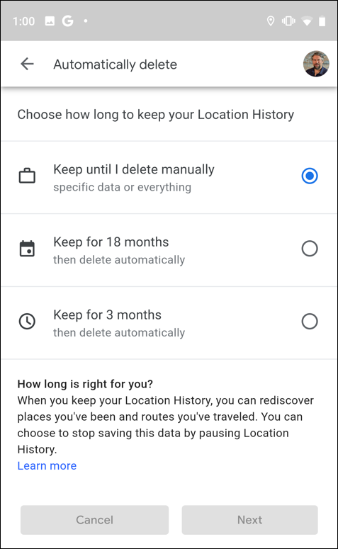 google maps - android - location settings delete privacy