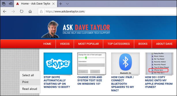 ask dave taylor home page - in microsoft edge win10