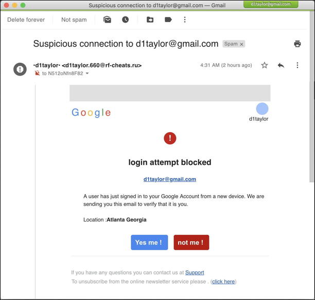 suspicious gmail connection email message - scam phishing