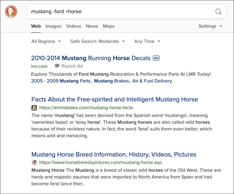 duckduckgo search - mustang -ford +horse