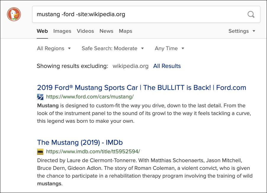duckduckgo search -site: wikipedia