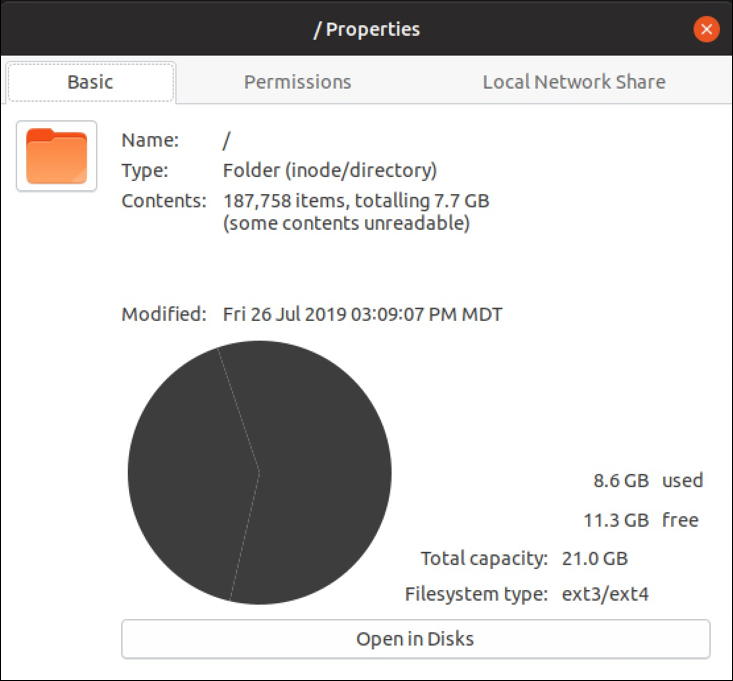 ubuntu linux disk space properties