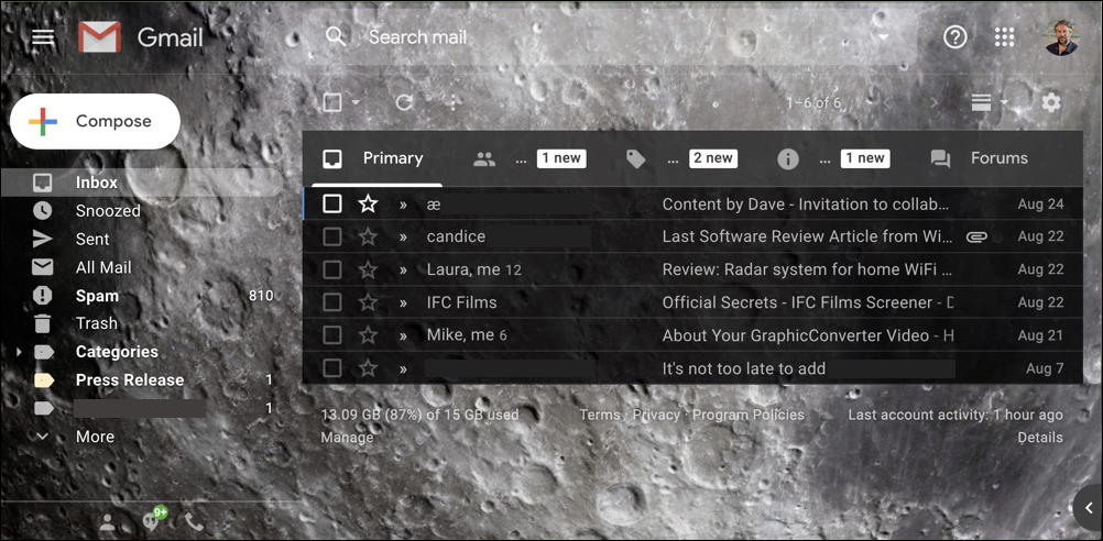 google gmail - moon lunar planets theme background