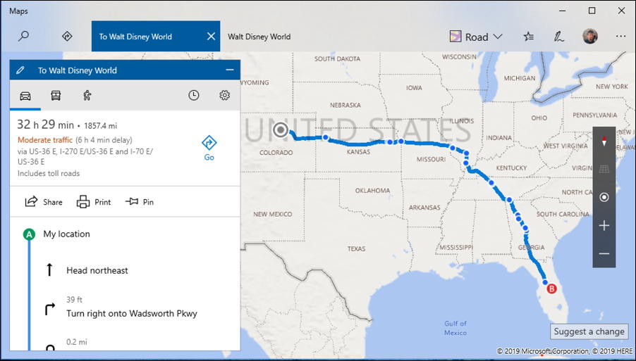 microsoft maps - driving directions denver colorado to walt disney world orlando florida