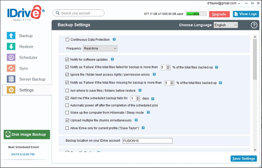 idrive for windows - settings