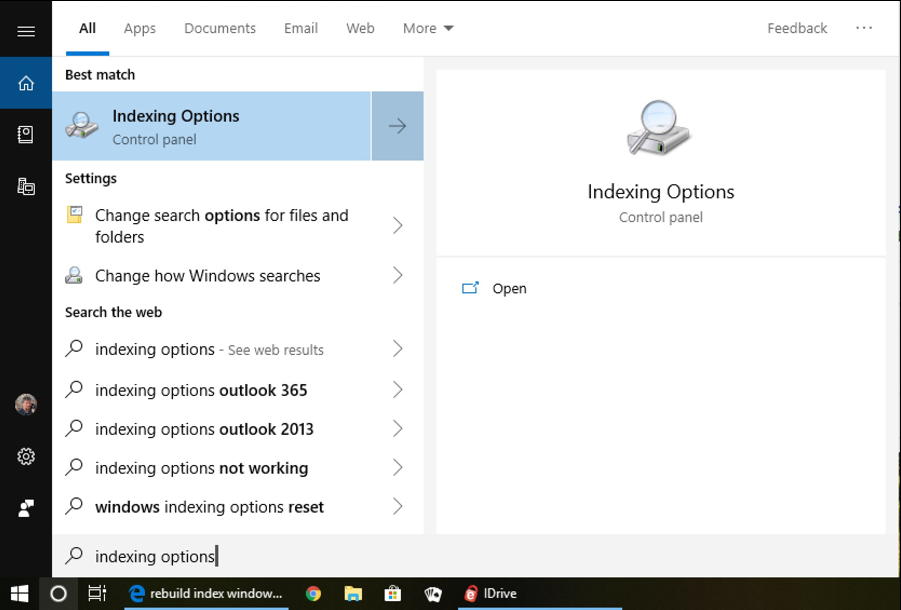 win10 - indexing options - search