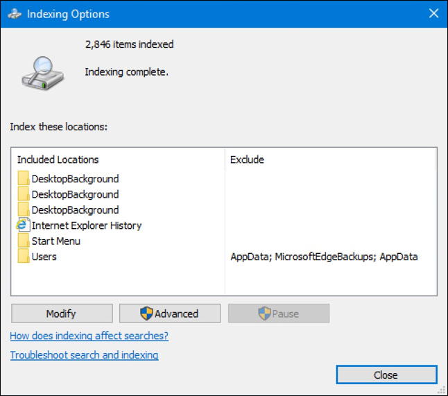 windows 10 - indexing options control panel