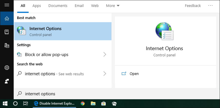 win10 search - internet options