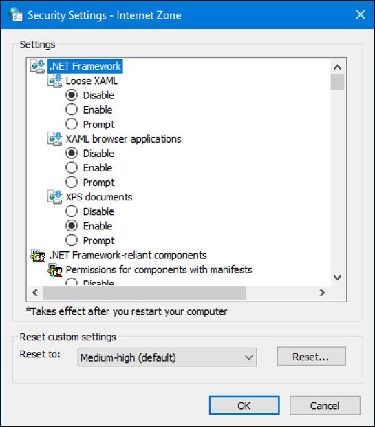 internet options - security - advanced settings