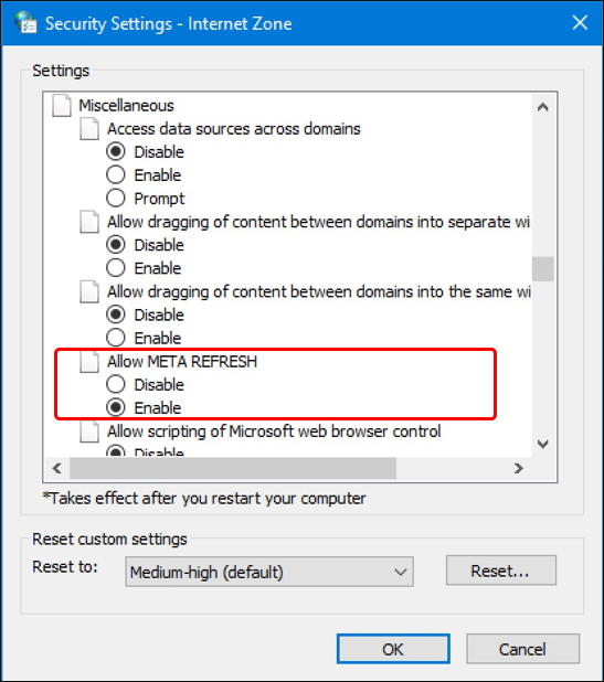 windows win10 disable meta refresh auto page refresh web edge