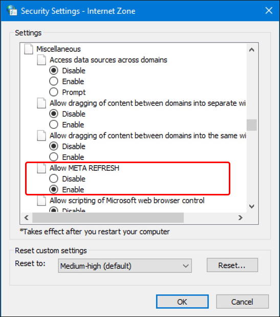 windows win10 disable meta refresh auto page refresh web edge