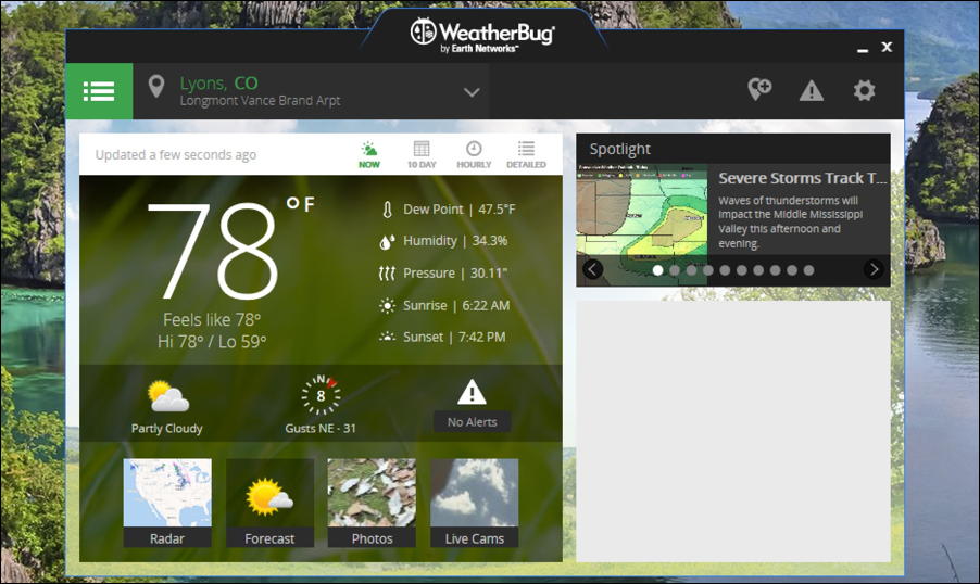 weatherbug windows win10 running main screen hello