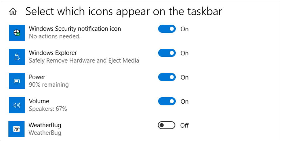 win10 icons on taskbar - on / off preferences settings
