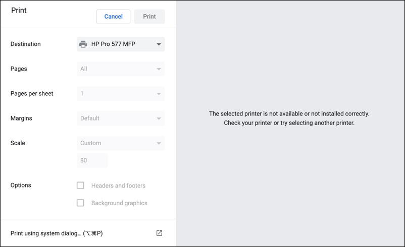 google chrome error: printer not available or not configured correctly
