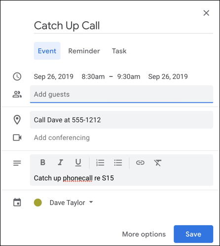 filling in event information, google calendar