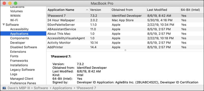 macos x hardware report - software - applications - 32bit 64 bit