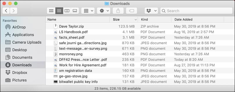 macos x finder window - list view - with size shown