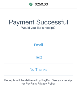 paypal here point of sale - enter credit card - payment successful