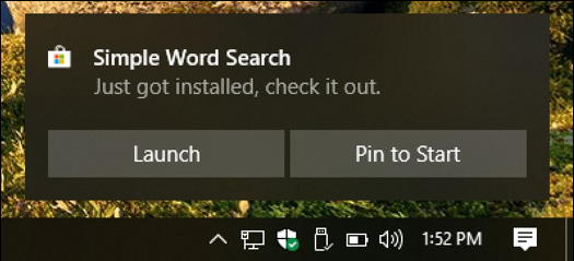 installed word search: add to start menu? win10