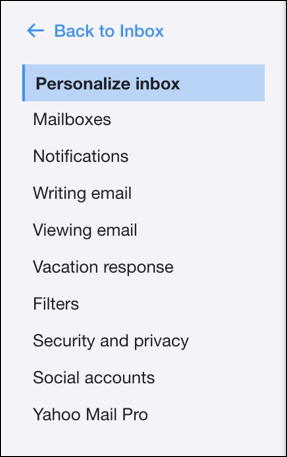 yahoo mail settings preferences main menu