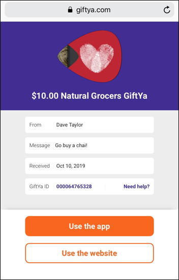 giftya gift card - received - details