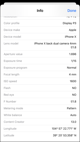 exif info iphone ios13 - including gps lat/long photo info iphone
