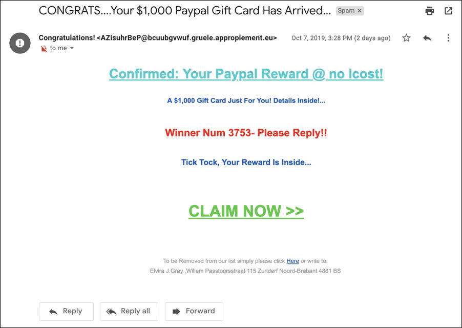 paypal 1000 gift card email scam