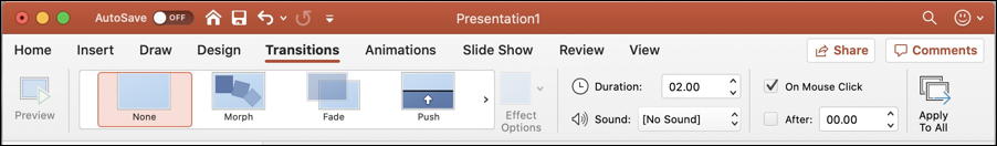 microsoft powerpoint for mac - transitions ribbon toolbar