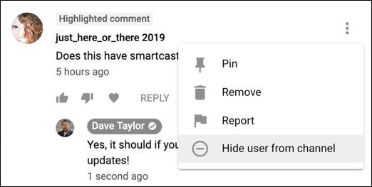 delete / report / hide user comment youtube creator