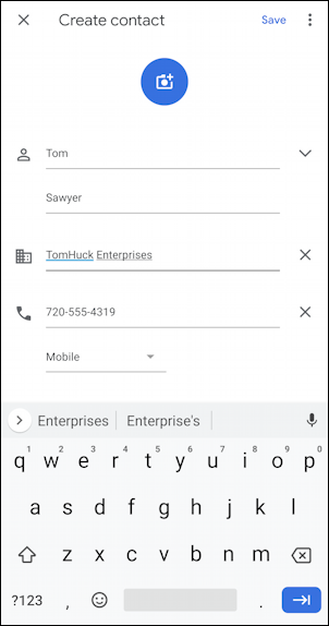 android os phone - adding new contact - tom sawyer