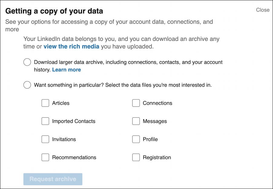 linkedin - export contacts - getting a copy of your data