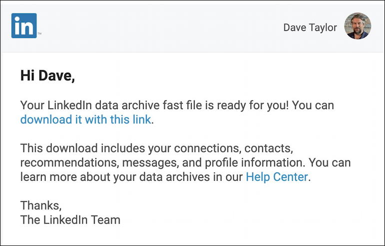 linkedin - export contacts connections - download ready archive