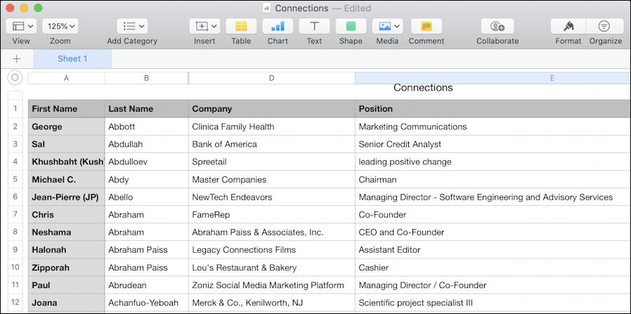 linkedin exported connections in spreadsheet csv