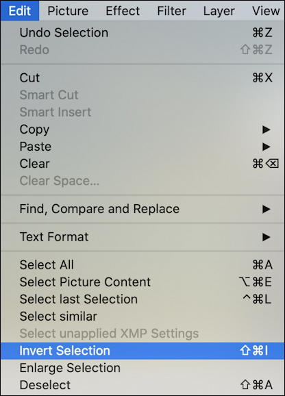 choose inverse of selection GraphicConverter menu
